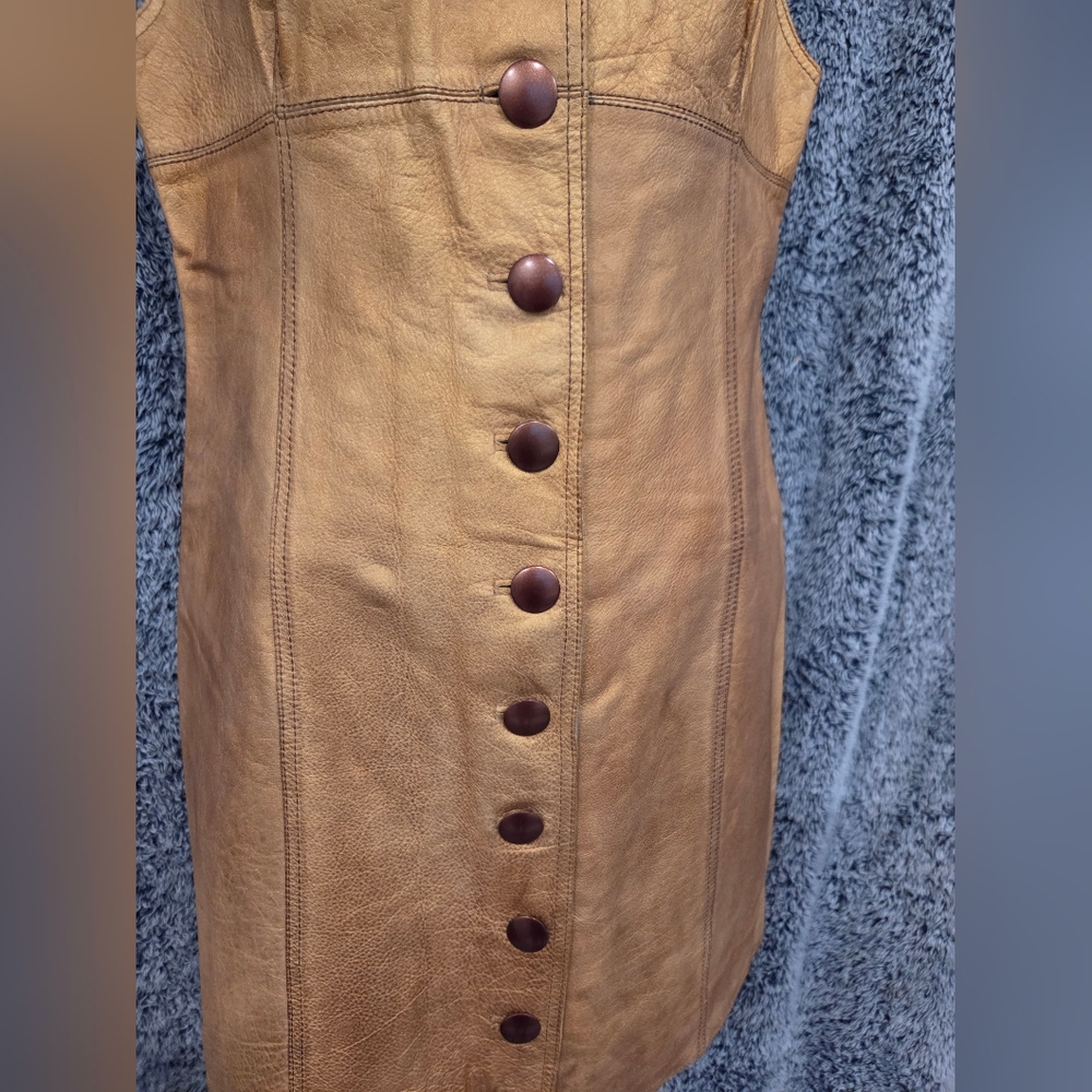 NWT Free People GOLD Genuine Leather Sweetheart Neckline Button Mini Dress - Picture 4 of 8